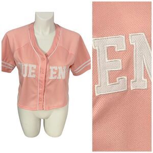 Stella Tweed Crop Top Womens XL Queen Baseball Pink White Trim Knit Athletic